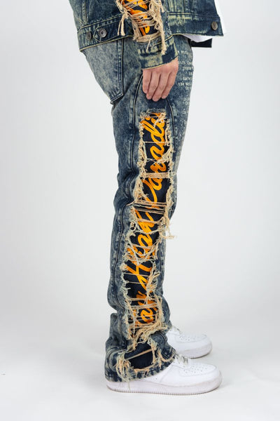 MEN VINTAGE FRAYED STACKED FLARE JEANS W/ RHINESTONE & LASER PRINT