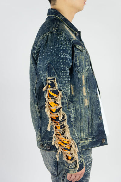 MEN VINTAGE FRAYED DENIM JACKET W/ RHINESTONE & LASER PRINT