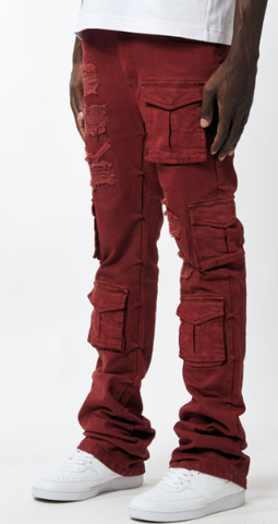 MEN BURGUNDY UTILITY CARGO TWILL STACK PANTS