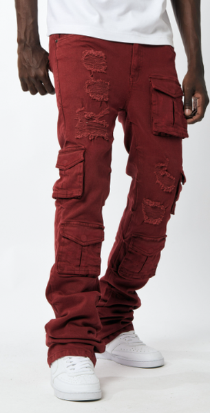 MEN BURGUNDY UTILITY CARGO TWILL STACK PANTS