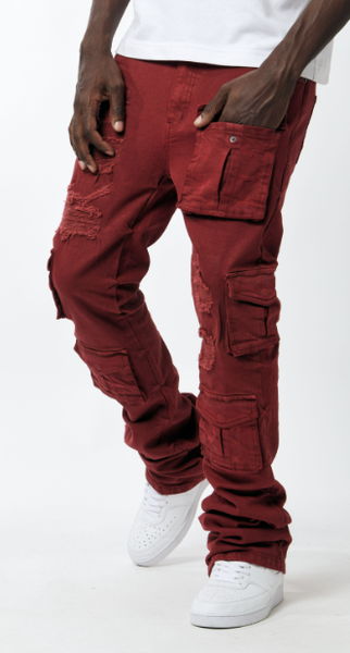 MEN BURGUNDY UTILITY CARGO TWILL STACK PANTS