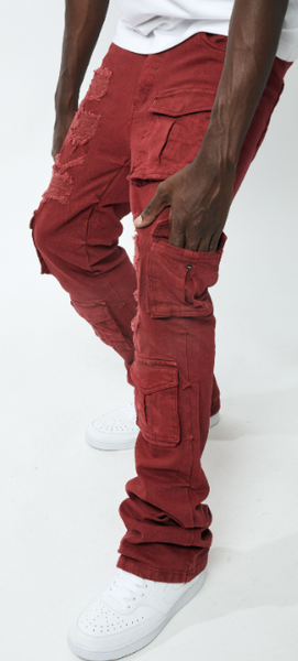 MEN BURGUNDY UTILITY CARGO TWILL STACK PANTS