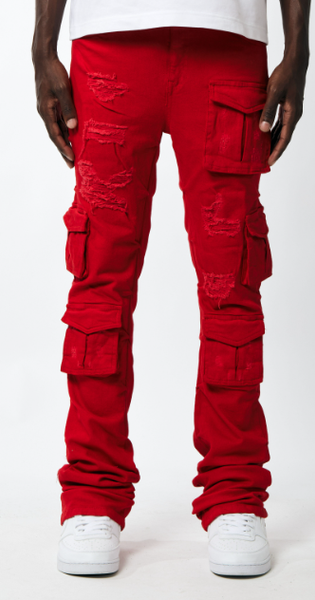 MEN RED KINDER UTILITY CARGO TWILL STACK PANTS