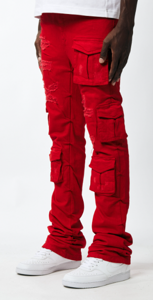 MEN RED KINDER UTILITY CARGO TWILL STACK PANTS