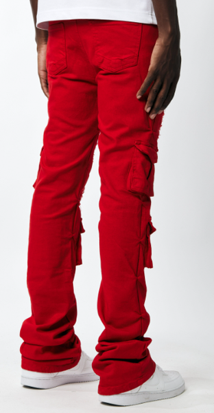 MEN RED KINDER UTILITY CARGO TWILL STACK PANTS