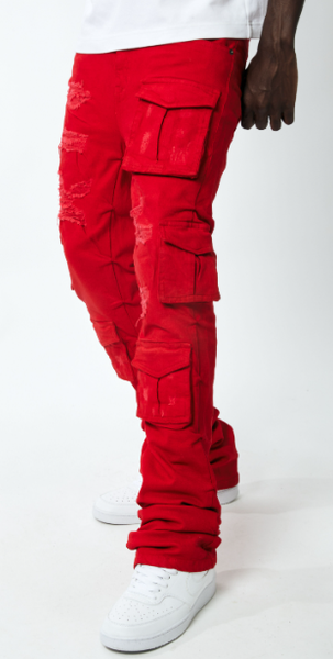 MEN RED KINDER UTILITY CARGO TWILL STACK PANTS