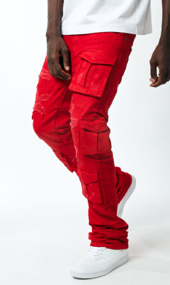 MEN RED KINDER UTILITY CARGO TWILL STACK PANTS