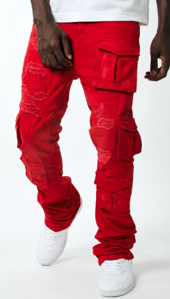 MEN RED KINDER UTILITY CARGO TWILL STACK PANTS