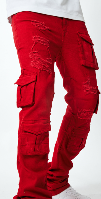 MEN RED KINDER UTILITY CARGO TWILL STACK PANTS