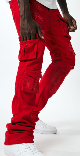 MEN RED KINDER UTILITY CARGO TWILL STACK PANTS