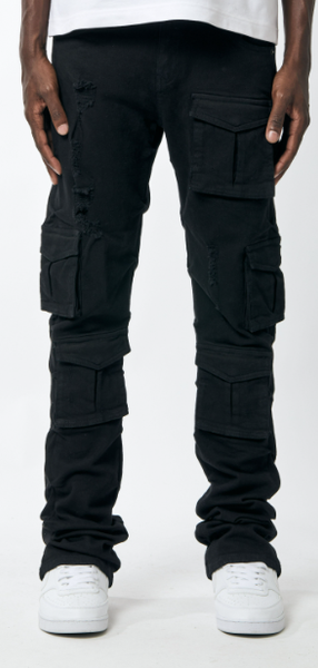 MEN BLACK UTILITY CARGO TWILL STACK PANTS