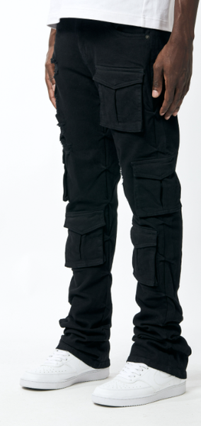 MEN BLACK UTILITY CARGO TWILL STACK PANTS