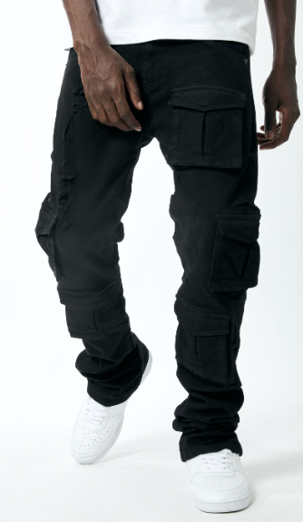 MEN BLACK UTILITY CARGO TWILL STACK PANTS