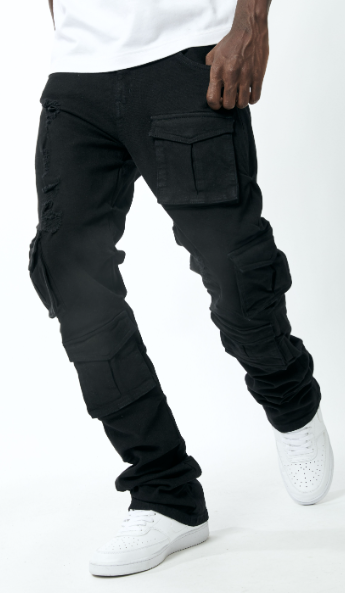 MEN BLACK UTILITY CARGO TWILL STACK PANTS