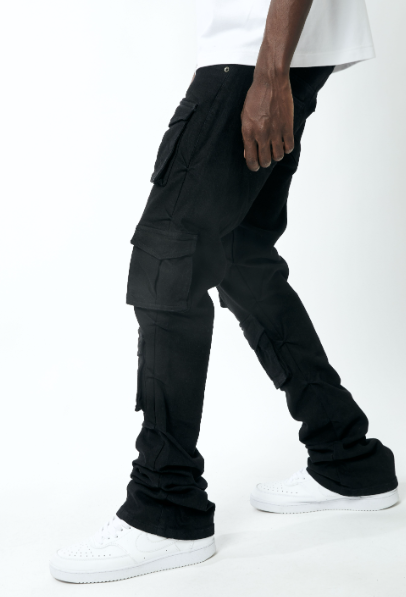 MEN BLACK UTILITY CARGO TWILL STACK PANTS