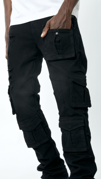 MEN BLACK UTILITY CARGO TWILL STACK PANTS