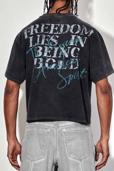 MEN BLACK FREEDOM IS NOT FREE WASHED CROPPED TEE