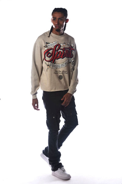 Men Khaki Spirt Dissorder Cropped Crewneck