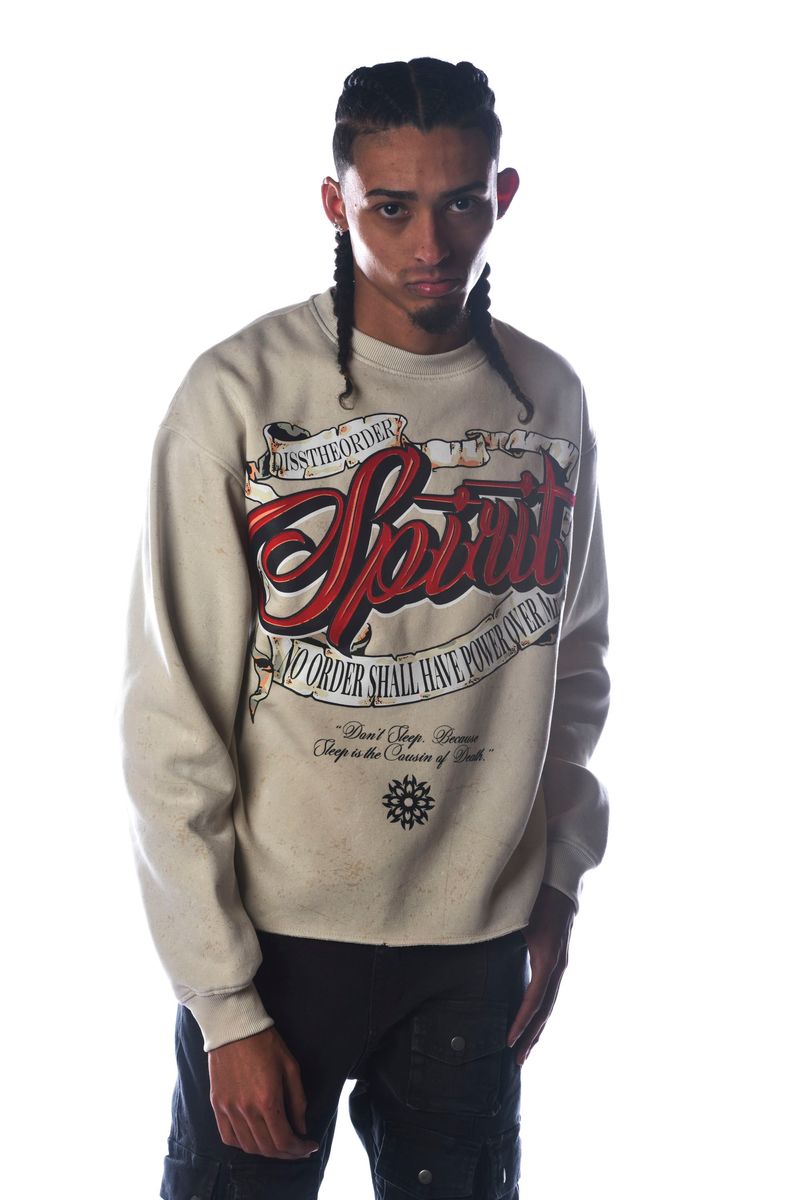 Men Khaki Spirt Dissorder Cropped Crewneck