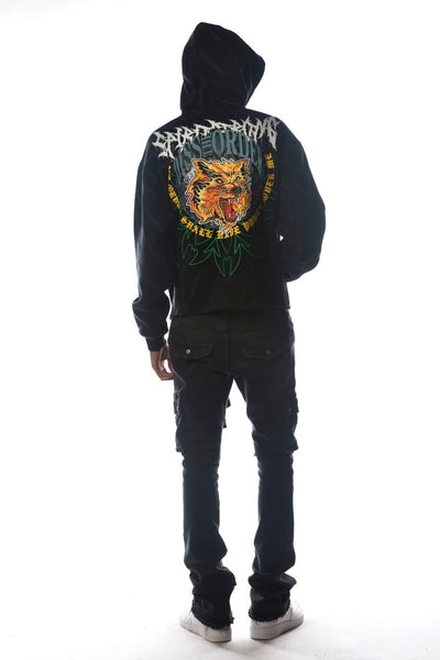 Men Black Wild Cat Dissorder Cropped Hoodie