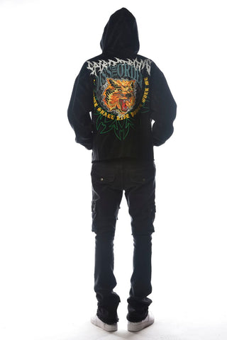 Men Black Wild Cat Dissorder Cropped Hoodie