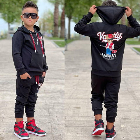 KIDS BLACK & RED TEDDY BEAR VARSITY SET