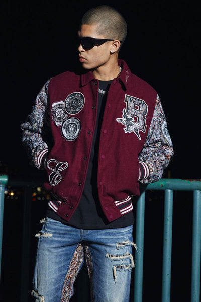 MENS WINE STUDDED PATCH TAPESTRY VARSITY JACKET