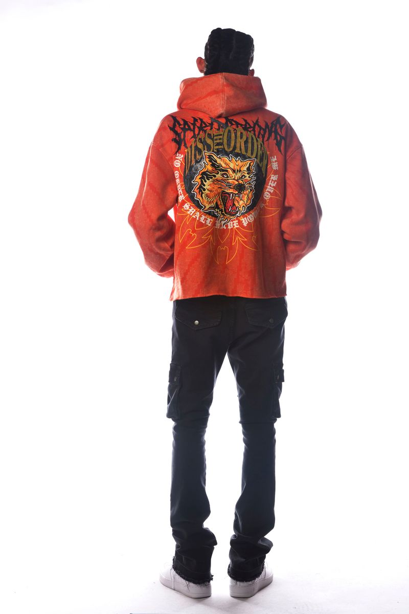 Men Orange Wild Cat Dissorder Cropped Hoodie