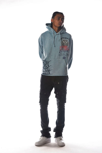 Men Lt Blue OWL Dissorder Cropped Hoodie