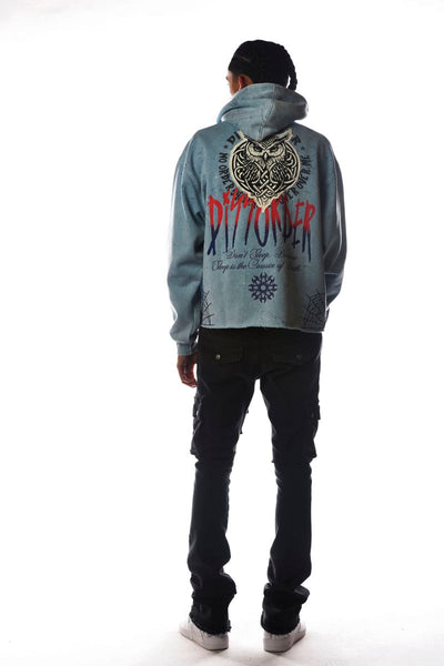 Men Lt Blue OWL Dissorder Cropped Hoodie