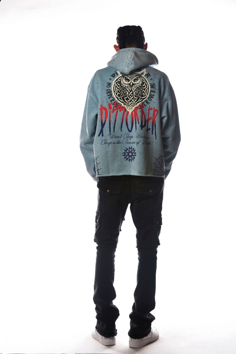 Men Lt Blue OWL Dissorder Cropped Hoodie