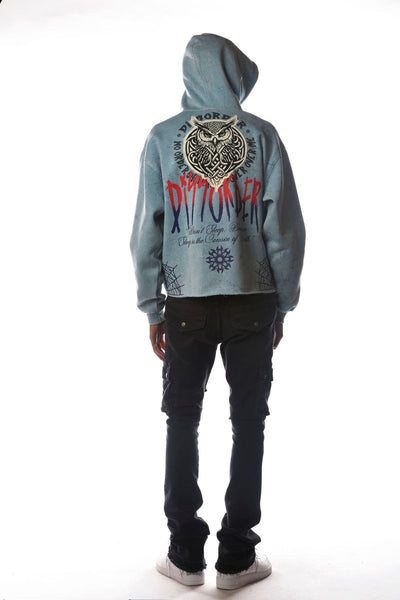 Men Lt Blue OWL Dissorder Cropped Hoodie