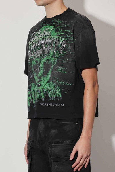 MEN BLACK/ GREEN INTELLECTUAL PROPERTY WASHED CROPPED RHINESTONE TEE