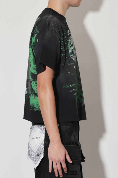 MEN BLACK/ GREEN INTELLECTUAL PROPERTY WASHED CROPPED RHINESTONE TEE