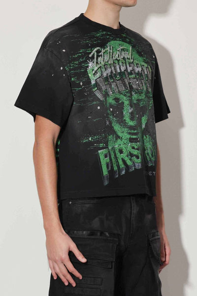 MEN BLACK/ GREEN INTELLECTUAL PROPERTY WASHED CROPPED RHINESTONE TEE