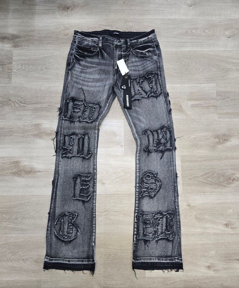 Men Ice Black Kinder Logo Stacked Denim Jean