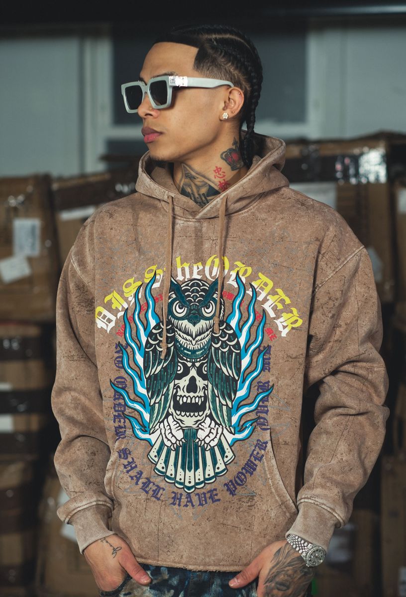 Men Umber Owl and Skull Dissorder Cropped Hoodie