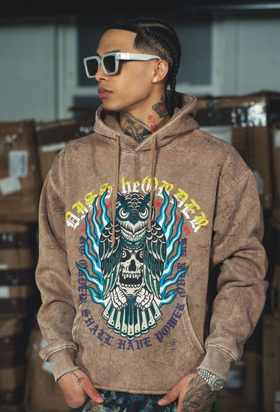 Men Umber Owl and Skull Dissorder Cropped Hoodie