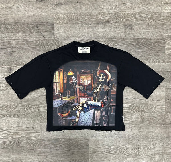MEN BLACK "HARSH" F-TERRY CROPPED T-SHIRT