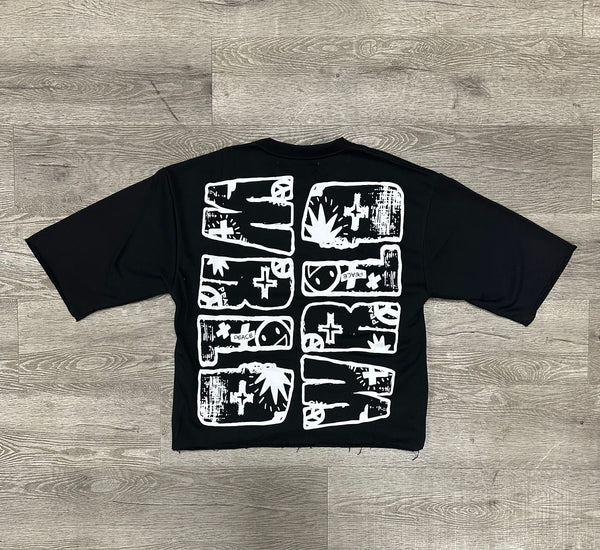 MEN BLACK "TRAPPED" F-TERRY CROPPED T-SHIRT