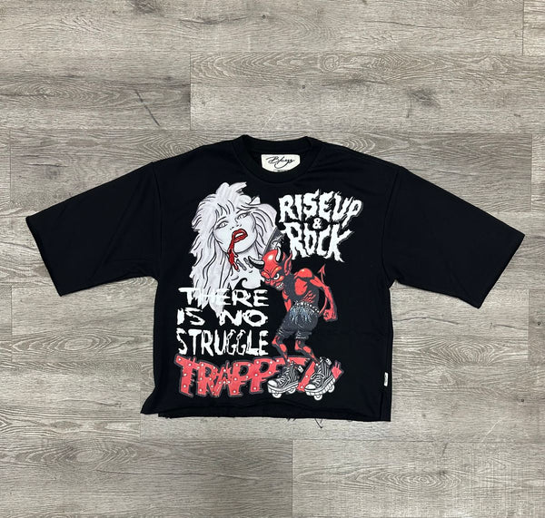 MEN BLACK "TRAPPED" F-TERRY CROPPED T-SHIRT