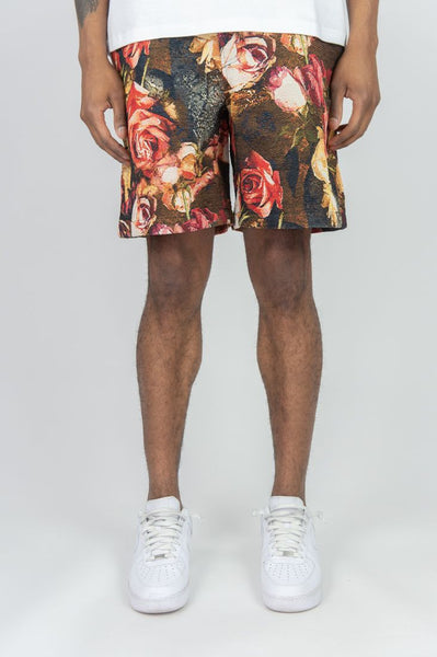 MEN BLACK ROSE SKULL TAPESTRY SHORTS