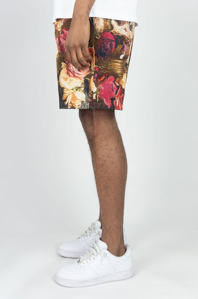MEN BLACK ROSE SKULL TAPESTRY SHORTS