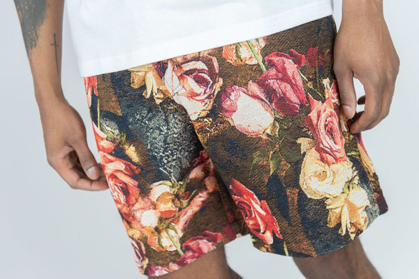 BIG MEN BLACK ROSE SKULL TAPESTRY SHORTS