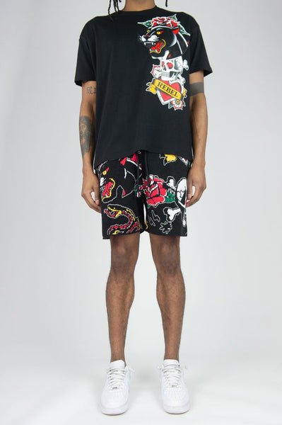 BIG MEN BLACK SERPENT SKULL SWEATER SHORTS