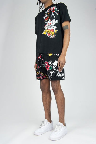 BIG MEN BLACK SERPENT SKULL SWEATER SHORTS