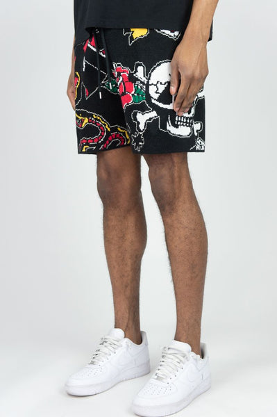 BIG MEN BLACK SERPENT SKULL SWEATER SHORTS