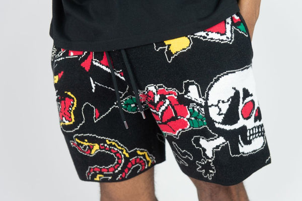 BIG MEN BLACK SERPENT SKULL SWEATER SHORTS