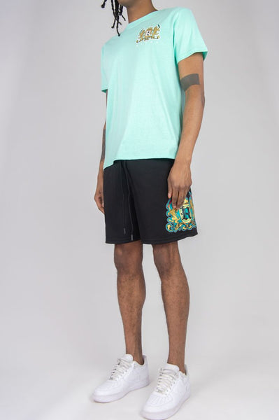 BOYS MINT RHINE STONE LION CREST SHORTS