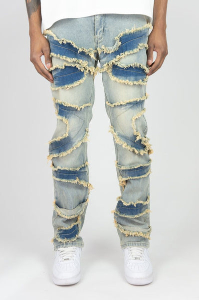 MEN MEDIUM INDIGO FRAYED JEANS [SLIM STRAIGHT FIT]
